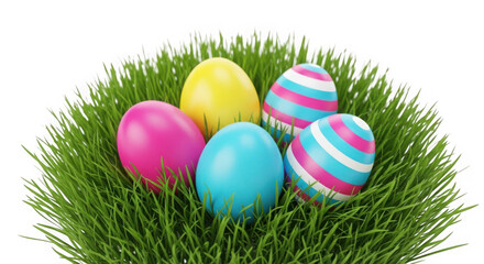 Fototapeta premium Colorful easter eggs nestled in fresh green grass for spring celebration
