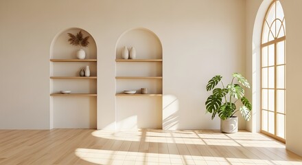 Bright Modern Minimalist Interior Design with Arched Niches, Monstera Plant, and Sunlight Shadows on Wooden Floor