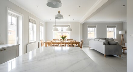 Bright, Modern Open Plan Kitchen, Dining, and Living Room Interior with Marble Island