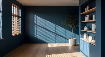 Modern Interior Design with Navy Blue Wall, Sunlit Wood Floor, and Potted Plant