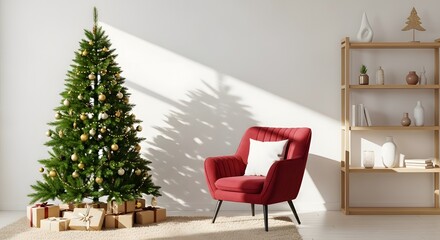 Modern Living Room Interior with Decorated Christmas Tree, Red Armchair, and Gift Boxes in Bright Sunlight