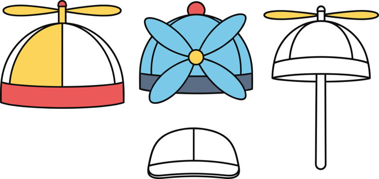 Propeller Hat Vector Illustration Set with Colorful Beanie Caps Helicopter Spinner Top and Kids Party Accessory Icons for Fun and Childhood Design