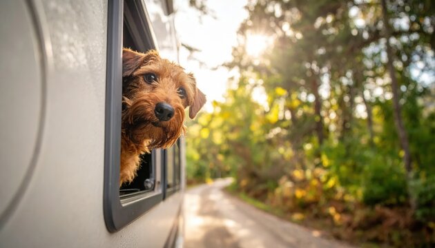 Un adorable perro marr&oacute;n asoma la cabeza por la ventana de una autocaravana mientras recorre una carretera soleada rodeada de &aacute;rboles.