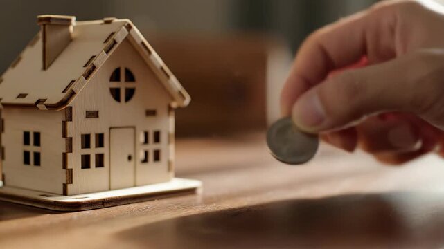 A hand carefully places a metallic coin on a wooden surface next to a small light-colored wooden model house with a pitched roof and multiple cut-out windows