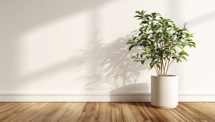 Obraz premium Plant in a white pot beside a blank wall with light and shadow