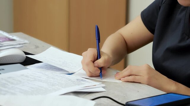 Close up of medical professional writing on healthcare documents at clinic desk. Medical paperwork, patient registration and administrative process indoors.