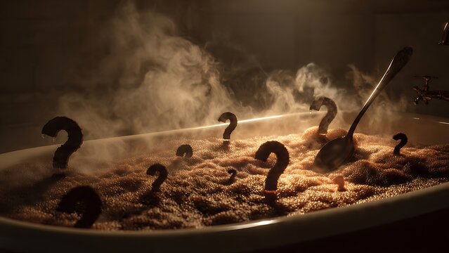 Steamy bathtub scene with mysterious question marks floating in bubbles