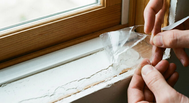 Worker peeling protective plastic film from a window sill after finishing.