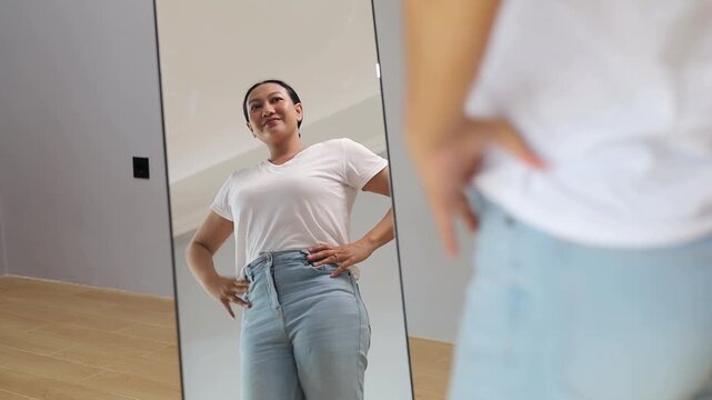 Asian housewife looking mirror in modern home interior checking weight loss progress wearing loose jeans at home