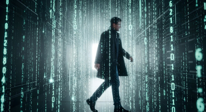 Man walking through glowing digital code corridor representing cyberspace data stream concept with falling binary numbers in futuristic server room environment dark shadowy figure in motion blur