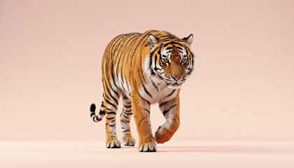 Majestic tiger walking towards camera on soft pink background