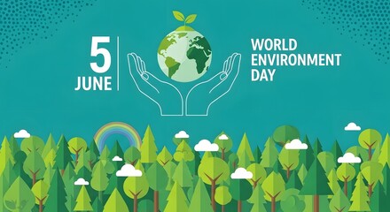 Naklejka premium Illustration of a hand holding a globe with trees and a rainbow on a teal background for world environment day