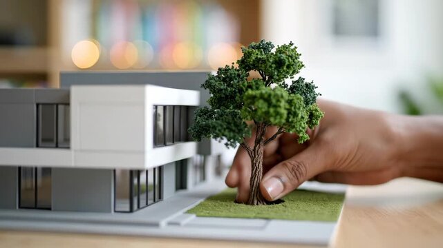 A hand places a miniature tree into the artificial grass base of a detailed architectural model of a modern house