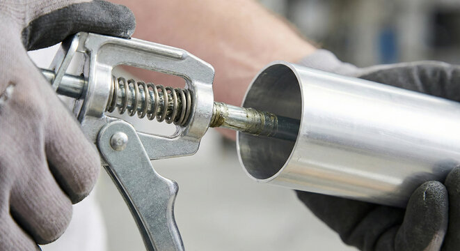 Hands using grease gun tool to lubricate metal machine cylinder