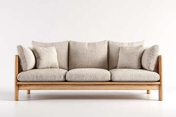 Fototapeta premium Modern wooden sofa with striped cushions in minimalist neutral living room interior design