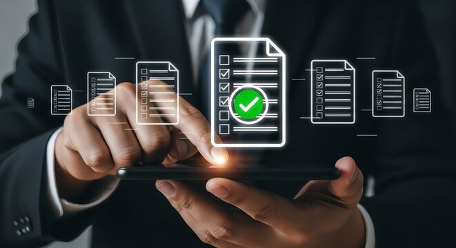Businessman interacting with a virtual checklist interface on a smartphone, signifying digital organization and task completion.