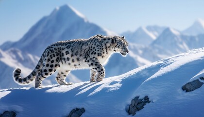 Majestic snow leopard standing on snowy mountain peak with stunning background