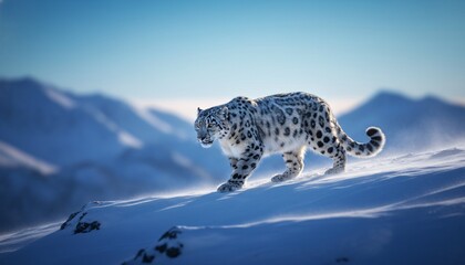 Majestic snow leopard roaming freely in snowy mountain landscape