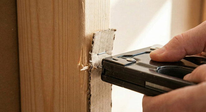 Staple gun fastening cardboard shim to wooden wall stud