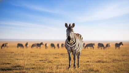 Majestic zebra stands proudly in savannah with herd grazing in background under bright blue sky