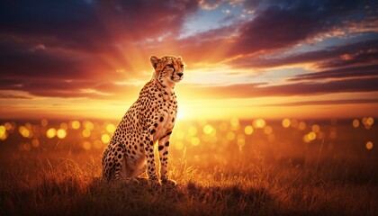 Majestic cheetah sitting in savannah at golden sunset