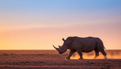Majestic rhino walks alone in savannah at sunset