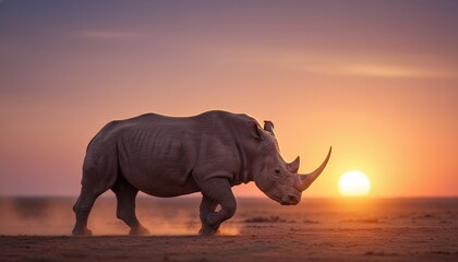 Majestic rhinoceros walking at golden sunset in savannah