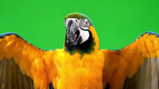 Vibrant blue and yellow macaw parrot with wings spread wide isolated on a green screen background for easy compositing