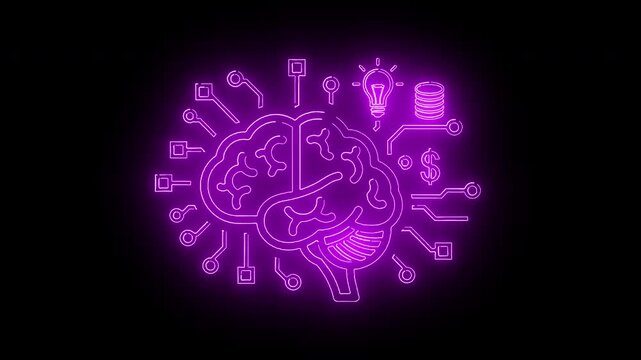 Neon purple illustration of a brain with various icons and symbols on a black background with a futuristic and technological mood.