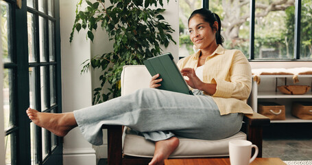 Social media, thinking or woman with tablet on sofa, post caption or message response for...