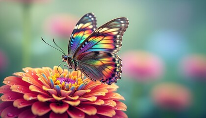 Vibrant butterfly perched on colorful flower in lush garden with soft focus background