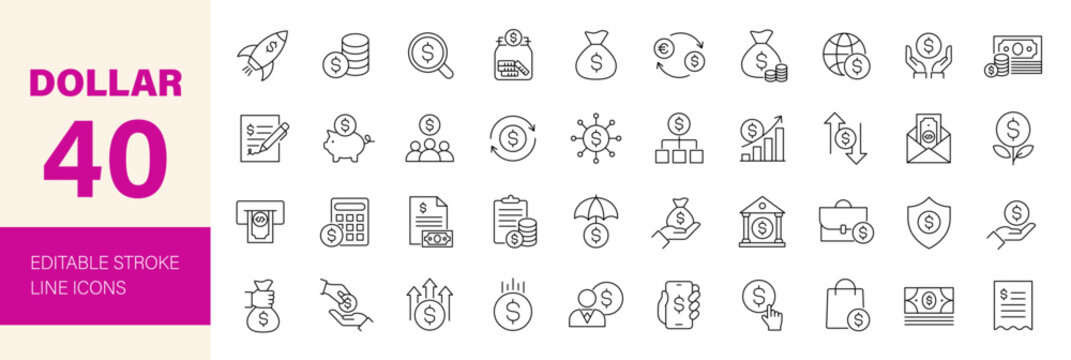 Dollar icon set. Editable line icons. Vector illustration.