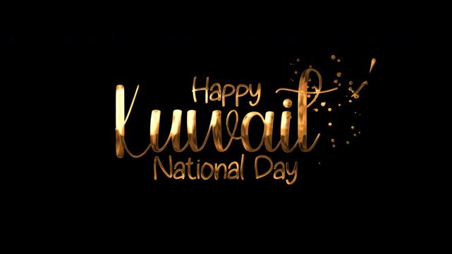 Golden happy kuwait national day text on black background. Suitable for holiday greeting cards, social media posts, and event promotions.