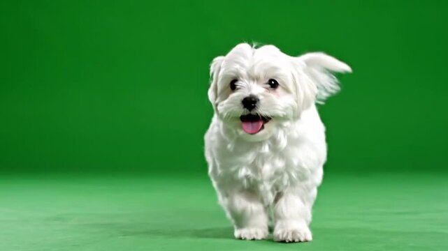 A small fluffy white Maltese puppy dog running happily on a vibrant green screen background with its tongue slightly out.