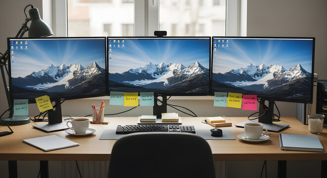 Neat workspace with three computer monitors displaying scenic mountain landscape, complemented by organized desk items including a keyboard, coffee cups, and colorful sticky notes