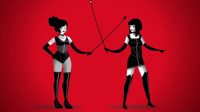 two women dressed in leather with whips 