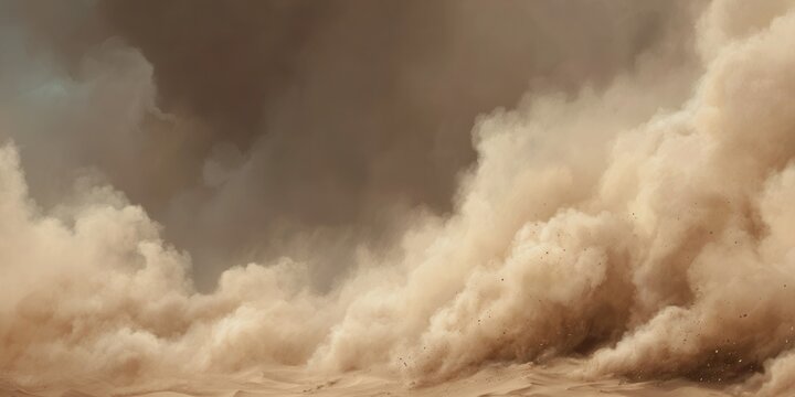 Una inmensa y poderosa tormenta de arena cubriendo el horizonte del desierto con densas nubes de polvo marr&oacute;n bajo un cielo amenazante y oscuro.