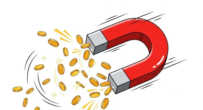 Red U-shaped magnet attracting numerous gold coins with speed lines and sparkles, isolated on white background