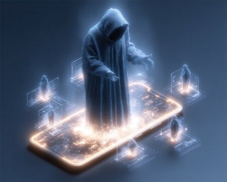 Geheimnisvolle Gestalt auf Smartphone-Display mit leuchtenden Datenpunkten und Hologrammen
