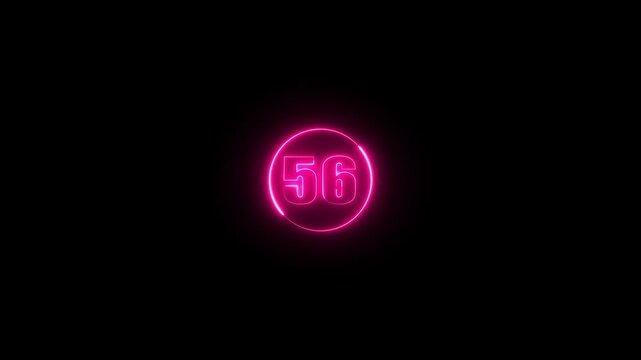 56 number neon text animation on black background. Glowing neon number footage.