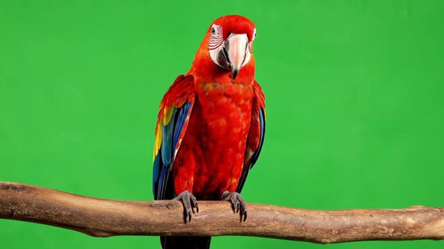 Vibrant Scarlet Macaw parrot perched on a branch isolated on a green screen background perfect for wildlife and tropical themes