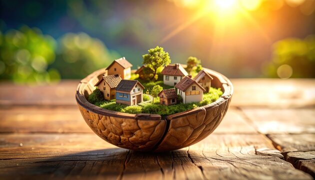 Miniature Houses in Walnut Shell on Wood Table with Bokeh.