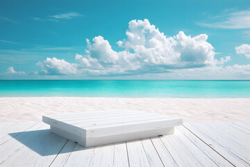 Fototapeta premium Landscape empty white wooden floor or table with sea waves hitting shore. Summer sea blue and white beach, rocks, Cloudy sky with bright sunlight is background. Interior display show products