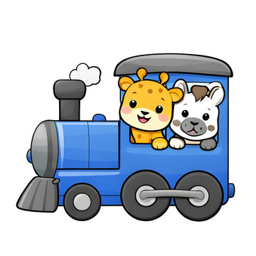 Niedliche Giraffe und Katze fahren in blauer Spielzeug Eisenbahn als Kinder Cartoon Illustration