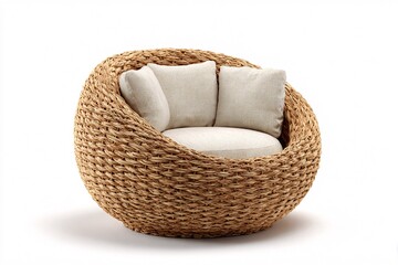 Fototapeta premium Woven Rattan Armchair with White Cushions, Cozy Modern Furniture