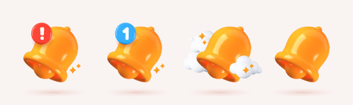 3D notification bell icon set for inbox messages and push alerts. Cartoon style vector illustration isolated on white.