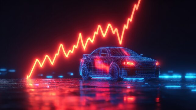 Rising car sales and technology innovation visualized with the glow lines. ..Created with Generative AI, not depicting real subjects.
