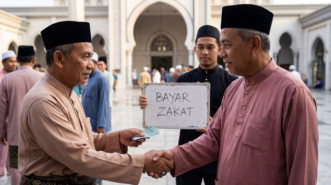 malay muslim man salam each other paying with small white board wrote bayar zakat