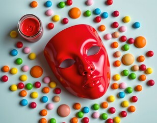 Glossy Red Mask with Colorful Candies From Overhead View