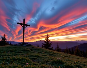 Sunrise Serenity with Cross Tranquil Hillside
